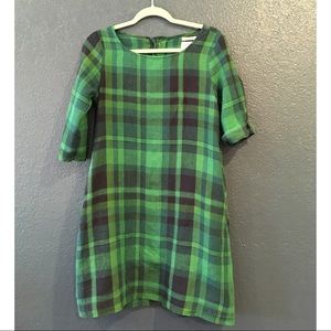 Plaid, heavy linen shift dress, “Global Work”- med